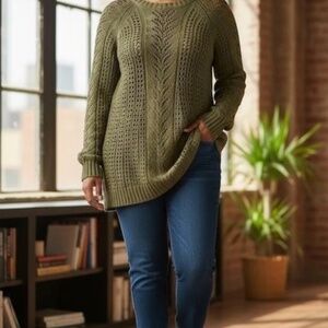 J Jill Women's Olive Green Cable Knit Tunic Sweater Sz 1X Pointelle Knit  NOTE